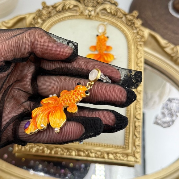 Statement Goldfish Earrings – Hand-Painted Enamel & Pearl Detail - Picture 6 of 10